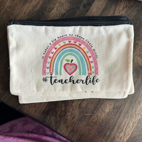NWT - Cream Canvas Pouch with Rainbow Design Teacher Life- Makeup Bag Pencil Bag - Picture 2 of 5